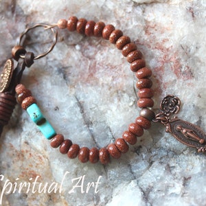 Brown Gold Stone ~Turquoise Magnesite Cross ~ Leather ~ Copper Miraculous Medal with Rose Charm ~ Catholic Bracelet B57
