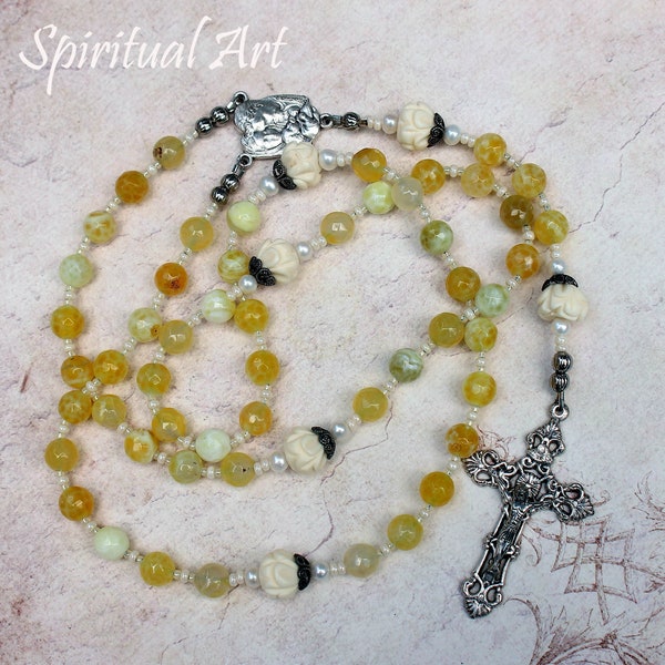 SALE!! Yellow Agate Gemstone ~ Pearl ~ Rose Paters ~ Silver Tone ~ Lorento Crucifix ~ Holy Family ~ Catholic Rosary ~Wire Strung  R32 SALE