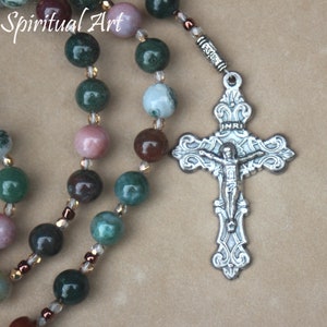 Indian Agate Gemstone Catholic Rosary ~ Silver Tone Crucifix ~ 5 Decade ~ Man&#39;s Rosary ~ Woman&#39;s Rosary ~ Virgin Mary R27 SALE!