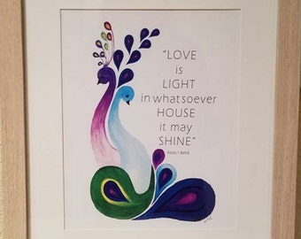 Bahai Quote "Love is light in whatsoever house it may shine" Baha'i Art GIFT including framed  and mat.