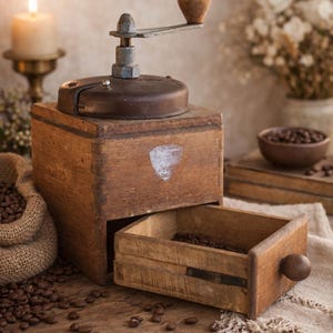 May include: A vintage wooden coffee grinder with a metal top and hand crank. The drawer is open, revealing coffee beans. A burlap sack of beans and a bowl of beans are also present, suggesting a coffee theme.