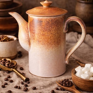 Op de afbeelding: Een keramische koffiepot met een deksel, met een kleurovergang van lichtbeige naar bruin. De pot heeft een gebogen handvat en tuit. Koffiebonen en suikerklontjes zijn rond de pot verspreid, wat wijst op een koffiethema.