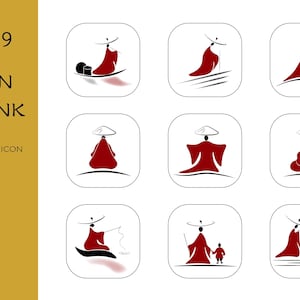 Può includere: Set di nove icone vettoriali che rappresentano un monaco zen in varie pose, tra cui meditazione, camminata e pesca. Le icone sono in bianco e nero con accenti rossi.