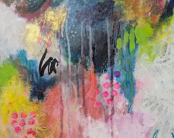 May include: Abstract painting with a mix of colors including pink, yellow, blue, and green. The artwork features splatters, drips, and scribbles, with a textured appearance. Gold leaf accents add a touch of luxury to the piece.