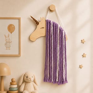 Personalized Unicorn Hair Bow Holder, Wooden Hair Clip Organizer for Girls, Macrame Nursery Wall Decor, Handmade Boho Kids Gift
