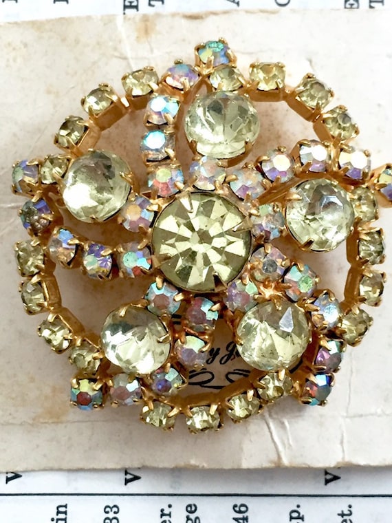 Old stock Lady Joan Brooch Yellow Rhinestone 1950s