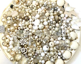 HUGE 2 pounds Destash Bead Mix Vintage Pearl Glass Plastic Bone Metal White Natural Neutral Inspiration Altered art