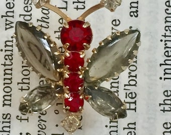 Butterfly Brooch Rhinestone Gray Red 1950s