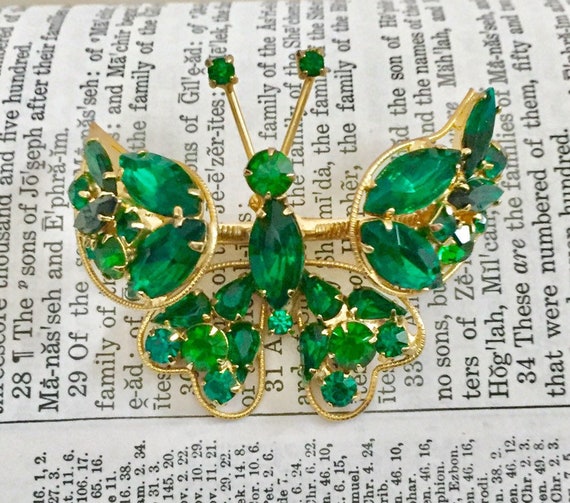 WEISS Signed Butterfly Brooch Green Rhinestone