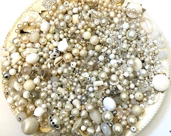 HUGE 2 pounds Destash Bead Mix Vintage Pearl Glass Plastic Bone Metal White Natural Neutral Inspiration Altered art