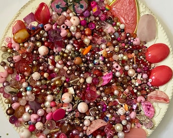 HUGE 2 pounds Destash Bead Mix Vintage glass Plastic Wood stone Red PINK Inspiration Altered art