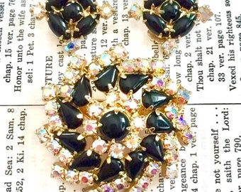 Vintage Brooch Earrings demi parure SET Black ab Rhinestone 1950s