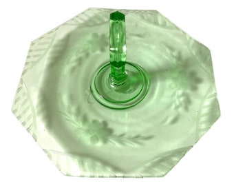 Vintage Serving Tray Light Green Glass Center Handle Etched Floral