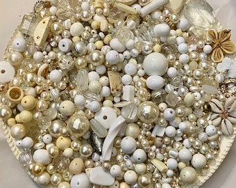 HUGE 2 pounds Destash Bead Mix Vintage Pearl Glass Plastic Bone Metal White Natural Neutral Inspiration Altered art