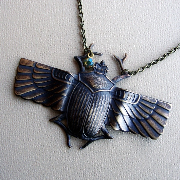 Egyptian Winged Scarabab  Beetle Necklace in Dark Antique Brass