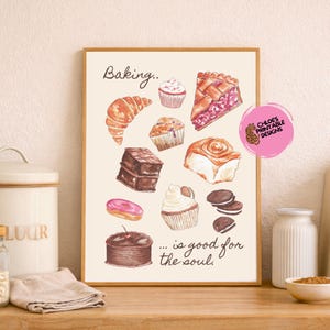 Hand Drawn Baking Print, Kitchen Wall Art, Pastry Illustration