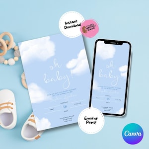 Blue Cloud Baby Shower Invitation Template: Minimalist Boy Invite (Digital Download)