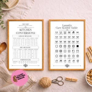 May include: Two framed prints with wooden frames. One is a kitchen conversion chart, the other a laundry care symbol guide. The prints are on a light surface with a wooden spoon and other kitchen items.