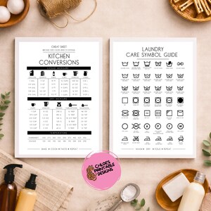 May include: Two framed prints displaying kitchen conversion charts and laundry care symbols. The kitchen chart includes liquid and dry measurements, and temperature conversions. The laundry guide displays various washing and drying symbols.