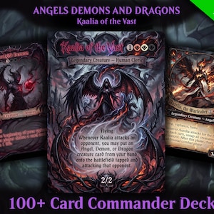 Puede incluir: Imagen promocional de un juego de cartas con tres cartas de fantasía. Las cartas muestran ilustraciones detalladas de ángeles, demonios y dragones. El texto de las cartas incluye nombres de personajes y mecánicas de juego. La imagen también incluye el texto "100+ Card Commander Deck."