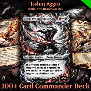 Może przedstawiać: Obraz promocyjny dla talii Commander 100+ kart. Obraz zawiera trzy karty kolekcjonerskie o tematyce fantasy z ilustracjami feniksa, samuraja i konia duchów. Widoczny jest również tekst "Isshin Aggro" i "New!"