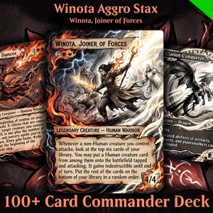 Könnte beinhalten: Ein Commander-Deck mit über 100 Karten namens Winota Aggro Stax, das Winota, Joiner of Forces, Rionya, Fire Dancer und Clarion Conqueror enthält. Die Karten zeigen detaillierte Fantasy-Illustrationen in feurigen Orange-, Schwarz- und Weißtönen.