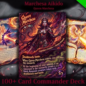 Könnte beinhalten: Drei Magic: The Gathering-Karten mit Fantasy-Kunst. Die zentrale Karte zeigt Queen Marchesa, eine legendäre Kreatur. Die anderen Karten sind "Deflecting Palm" und "Gisela, Blade of Goldnight". Die Karten sind Teil eines 100+ Card Commander Decks.