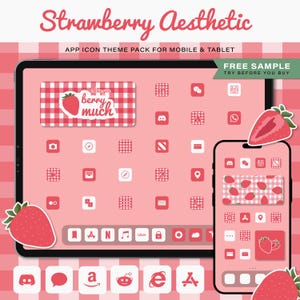 Strawberry Aesthetic App Icon Theme Pack for iOS, Android, iPhone, iPad, with FREE App Icon Samples