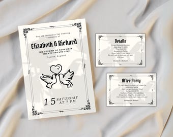 Victorian Gothic Wedding Invitation Template, Editable Canva Design, Black & White Printable Invite Set for Dark Academia Lovers