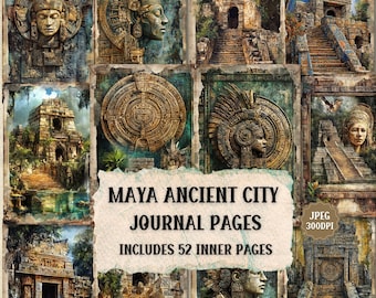 May include: A collage of images depicting Mayan ruins and architecture. The images are in a vintage style with a faded, textured look. The text "MAYA ANCIENT CITY JOURNAL PAGES INCLUDES 52 INNER PAGES" is superimposed on the images. The text "JPEG 300DPI" is in a small rectangle in the lower right corner.
