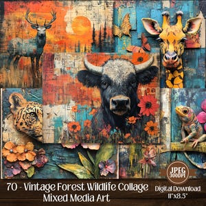 Collage di animali selvatici della foresta vintage / Arte con tecniche miste / Pittura astratta della natura con texture di carta / Arte stampabile di Junk Journal / Stile Shabby Chic