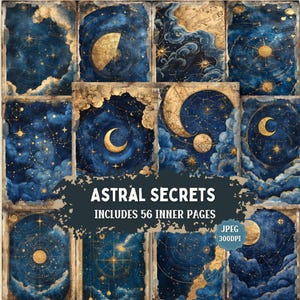 Pages du journal indésirable Astral Secrets | Carnet de notes vintage de carte cosmique | Feuille de papier artisanal shabby chic | Ephémères pour le scrapbooking | 46 JPEG.