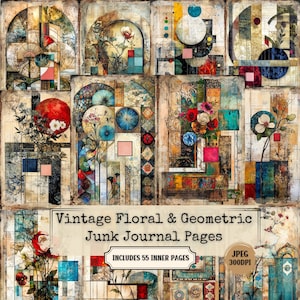 Puede incluir: Un collage de páginas de diario de estilo vintage con diseños florales y geométricos. Las páginas presentan una mezcla de colores, incluyendo azules, rojos y amarillos, con elementos florales y abstractos. El texto en la imagen dice "Vintage Floral & Geometric Junk Journal Pages" e "Includes 55 Inner Pages."