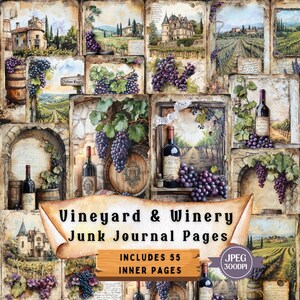 Puede incluir: Un collage de 55 imágenes de estilo vintage con viñedos, bodegas, uvas, botellas de vino y edificios antiguos. Las imágenes son perfectas para el diario de chatarra y el scrapbooking.