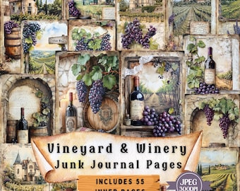 May include: A collage of 55 vintage-style images featuring vineyards, wineries, grapes, wine bottles, and old buildings. The images are perfect for junk journaling and scrapbooking.