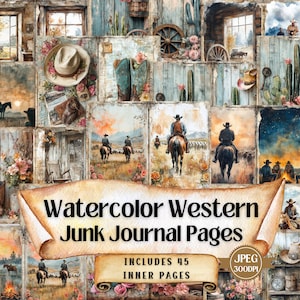 Pagine stampabili in stile western con acquerello, kit per diario di scarto da cowboy, carta per diario di scarto, foglio di carta shabby chic per scrapbooking effimero, 45JPEG