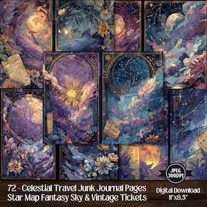 Pagine di diario di viaggio celeste - Mappa stellare, cielo fantasy e biglietti vintage, sfondi per album di ritagli cosmici, set di effimeri arte stampabili, JPEG
