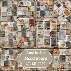 Pagine di Junk Journal, mood board estetico con colori e materiali naturali, kit di abbellimenti e oggetti effimeri, scrapbooking di carta shabby chic.