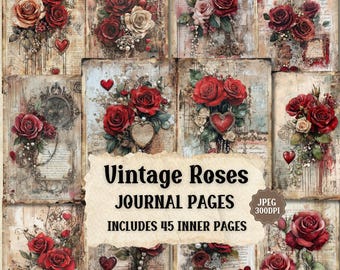 May include: A collage of 12 vintage-style journal pages featuring red roses, hearts, and ornate designs. The text "Vintage Roses Journal Pages" and "Includes 45 Inner Pages" is displayed on the collage. The image is labeled "JPEG 300DPI".