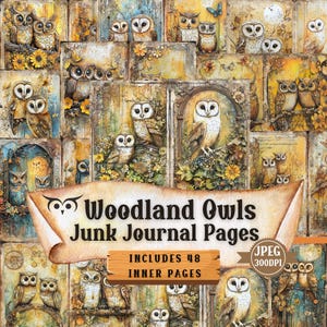 Wald Eulen Junk Journal | Vintage Eulen unter dem Motto | Mixed Media Kunst | Shabby Chic Papiermodelle Bogen Ephemera Scrapbooking | 48 JPEG