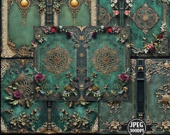 May include: 22 digital book covers with a green and gold design. The covers feature intricate floral patterns, ornate borders, and a variety of symbols. The covers are 11 inches by 8.5 inches.