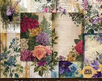 Botaniska skräpjournalsidor: Vintage blommig efemera (85 JPEG-filer digital nedladdning)