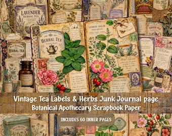 May include: A collection of vintage tea labels, herbs, and botanical illustrations. The image shows pages from a junk journal, with text that reads "Vintage Tea Labels & Herbs Junk Journal page" and "Includes 60 inner pages."