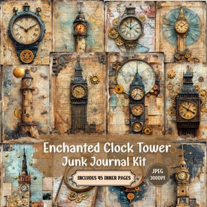 Páginas de diario basura con diseño de torre de reloj encantada / Kit con temática steampunk vintage / Hoja de collage shabby chic para álbumes de recortes y manualidades con papel.