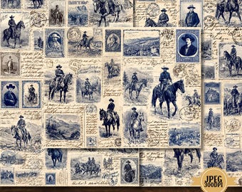 Puede incluir: Un collage de sellos postales de estilo vintage con temática del Salvaje Oeste rústico. Los sellos presentan vaqueros a caballo, retratos y paisajes en tonos azules y crema. El texto en la parte inferior dice "47 JPG - Blue Ink Postage Stamp Collage Ephemera". La imagen mide 27,94 cm x 21,59 cm.