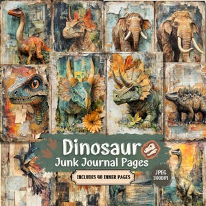 Pagina di diario con dinosauri / Kit vintage di tecniche miste e carta strappata / Foglio di collage di carta shabby chic / Scrapbooking / 48 file JPEG.