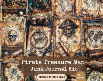 May include: A digital junk journal kit with 45 pages featuring vintage pirate treasure maps, skulls, and nautical elements. The kit includes JPEG files at 300 DPI.
