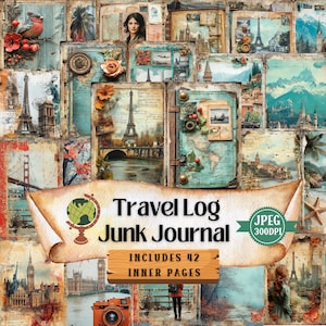 Reisetagebuch Junk Journal Druckbare Seiten, Vintage Reise Junk Journal Kit, Shabby Chic Papier Handwerk Blatt Ephemera Scrapbooking. 42 JPEG.