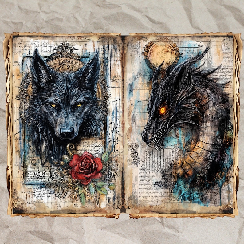 Mythical Creatures Junk Journal Pages, Dark Fantasy Steampunk Collage ...