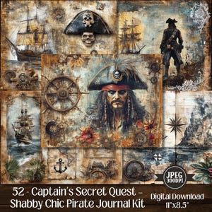 Captain's Secret Quest - Kit de journal pirate shabby chic, papiers doubles pour journal indésirable, - album éphémère de 52 feuilles de collage JPEG, travaux manuels.